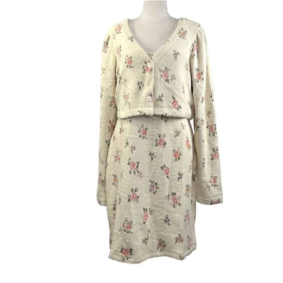 Anthropologie Daily Practice Floral Printed Sweater Dress Set Fuzzy Ivory - Picture 1 of 13